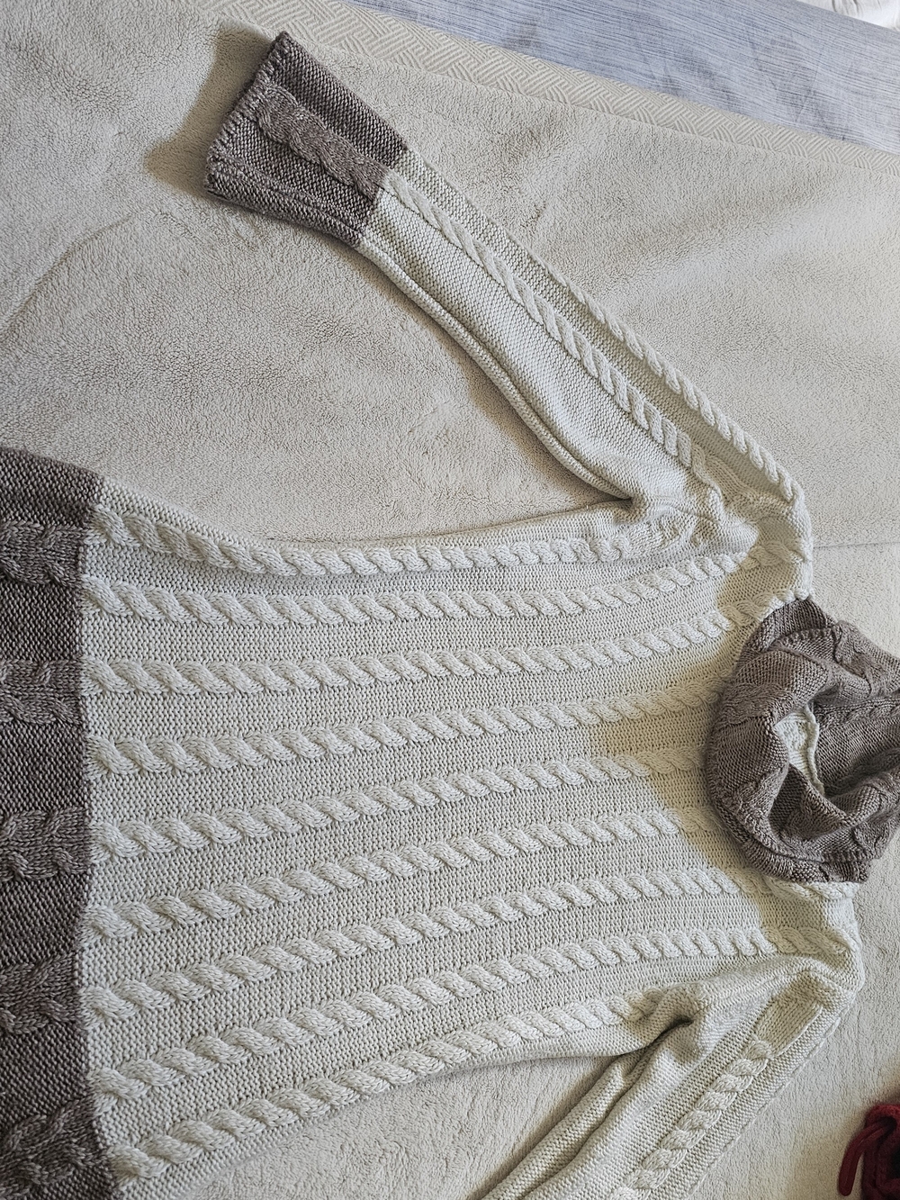 Cable Knit Hooded Sweater - Cream with Taupe Trim
